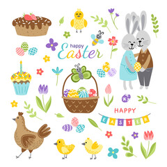 Easter spring set. Cute Easter bunny, eggs, chick, butterfly, cake, bee, flower, leaves