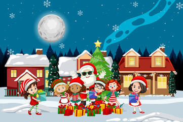 Christmas winter scene with happy children