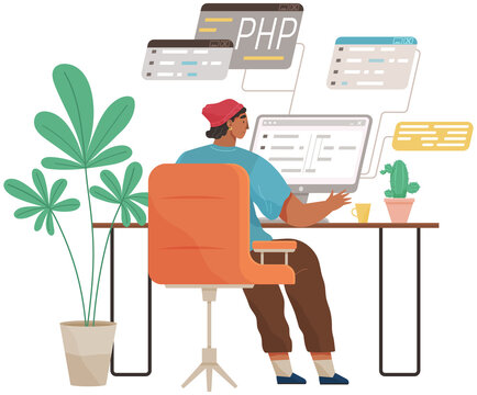 Programmer engineering and coding. Coder programmers working on web development on computer. Concept of script coding and programming in php, javascript, python, other languages. Software developers