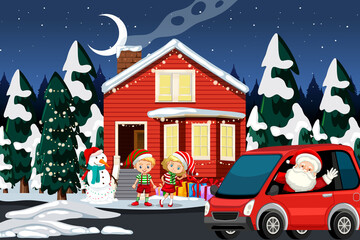 Christmas winter scene with happy children and Santa Claus