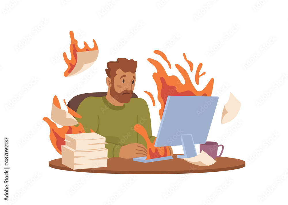 Poster employee burnout at work, running late in project, deadlines are burning. vector worker in hurry, ov
