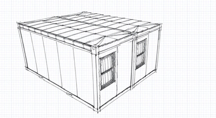 3d illustration of a container building house in hand sketch style. Perspective looking from top left corner. New trend in construction: Steel container house.