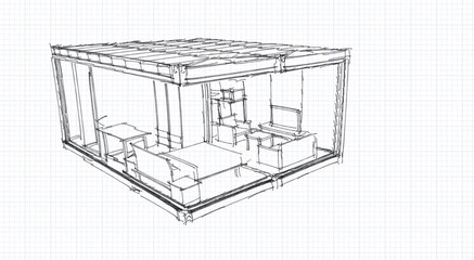 3d illustration of a container building house in hand sketch style. Outer walls are hidden to show inside. Perspective looking from left corner. New trend in construction: Steel container house.