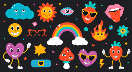 Set of cute characters and elements in 90s style. Hippie, psychedelic, groove, retro and vintage style. Vector illustration