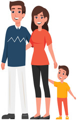 Young family, father, mother and child stand by hand. Man, woman and boy standing together. Walk with child, family pastime concept. Mom, dad, parents and their son isolated on white background