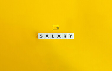 Salary Word on Letter tiles with Wallet Icon on Yellow Background. Minimal aesthetics.
