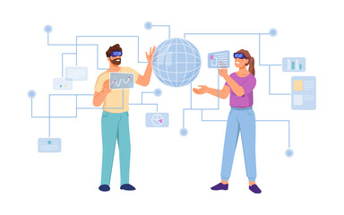 People interacting with interface of application, metaverse futuristic universe. Vector man and woman wearing headsets with VR glasses, simulators for games and networks. Flat cartoon style character