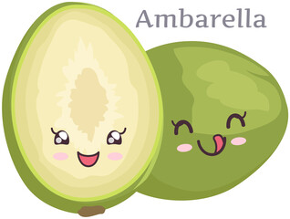 Cute ambarella sticker kawaii icon vector. Adorable cute charming tropical fruit with positive emotions, event or very pleasant situation, japanese culture symbol anime, innocence and childishness