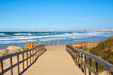 natural wooden walkway in Peniche, Portugal in day light