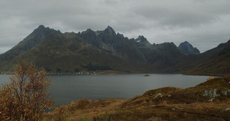 A landscape view of mountains and the sea during fall in the Lofoten islands.