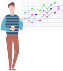 Man studies statistics on presentation. Male character working with report. Manager working and analyzing financial statistic. Male marketer examines information about metrics. Data screen with charts