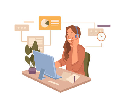Operator talking on phone, woman speaking to customer. Vector hotline for customer service representative. Worker in office with laptop and headset. Communication online, video conference flat cartoon