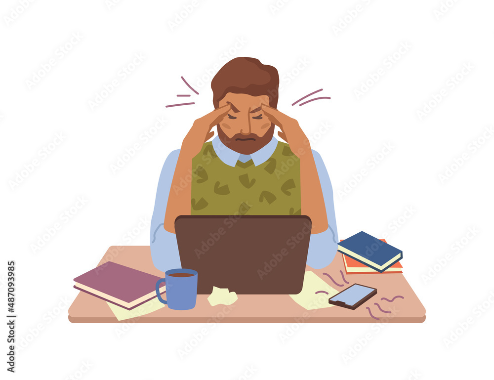 Poster Employee trying to concentrate and complete tasks. Vector worker with laptop dealing with problems and overload. Stress and pressure at job. Frustrated manager businessman. Flat cartoon character