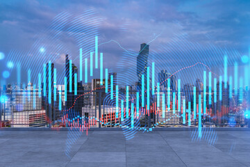 Rooftop with concrete terrace, Bangkok sunset skyline. Forecasting and business modeling of financial markets hologram digital charts. City downtown. Double exposure.