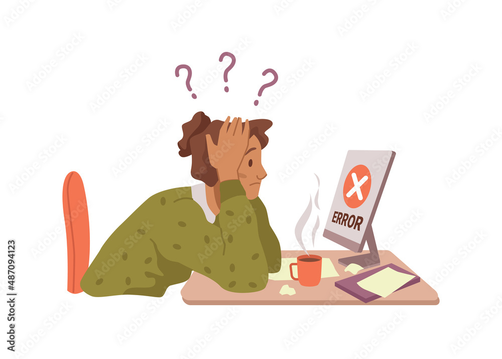 Poster Woman in despair stressed by malfunctioning of personal computer at work. Vector worker worried about project completion, confused and nervous female with question marks. Flat cartoon character