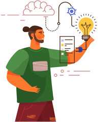 Man working with technical equipment, wires, light bulb. Different mental mindset types. Guy with logical thinking. Mind behaviour, mental perceiving, psychology, creation of optimal solution concept