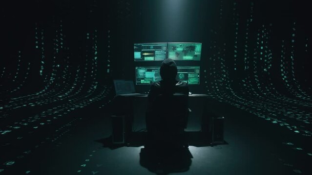 Minimalistic concept of alone hacker programmer surrounded by green programming codes in a dark ambient cyber space, sitting at a table with four monitors doing a hacking attack