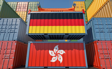 Freight containers with German and Hong Kong flags. 3D Rendering 