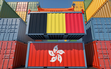 Freight containers with Belgium and Hong Kong flags. 3D Rendering 