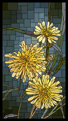 Vector vertical angular mosaic with blooming yellow dandelion flowers in vertical stained glass window.