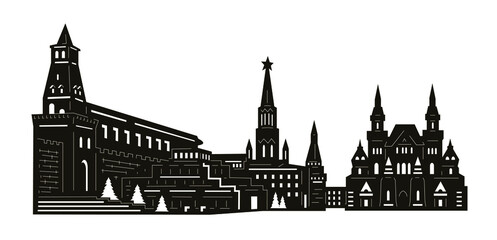 Fototapeta premium Black and white image. The silhouette of ancient cities. Drawing for stencil, printing, laser cutting.