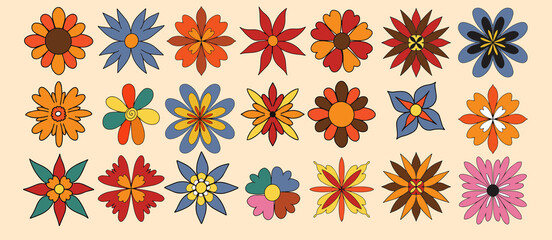 Retro flower 70s set. Flower power vintage collection. Vector illustration