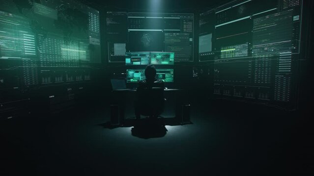 Minimalistic concept shot hacker surrounded by programming codes interface in a dark ambient cyber space, sitting at a table with four monitors doing a hacking attack steals secret or government data.