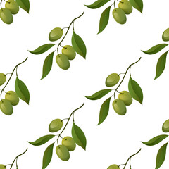 Pattern with green olives on a branch with leaves. Vector illustration.  