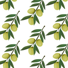 Vector pattern with green olives on white background. 