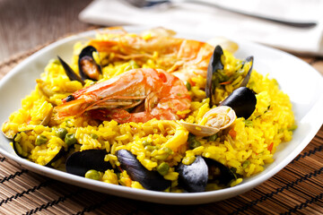 Seafood and Chicken Spanish Paella on a Plate.