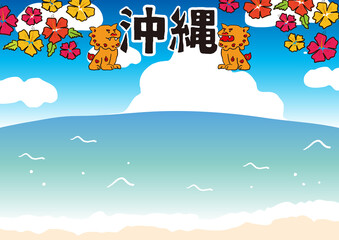 沖縄のシーサーとハイビスカス　南国イメージ　イラスト素材　横