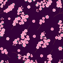Floral seamless spring pattern. Sakura flowers. Vector endless dark background with blossom. Springtime design with floral elements