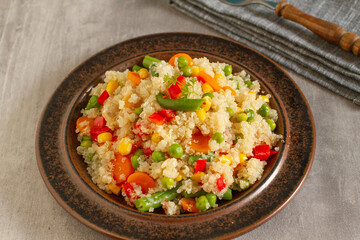 Healthy vegetarian dish made with quinoa and spring vegetables