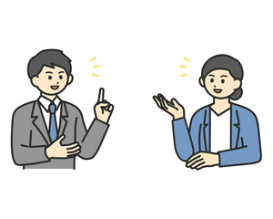 Fototapeta premium ディスカッションをする男性社員と女性社員のイラスト素材