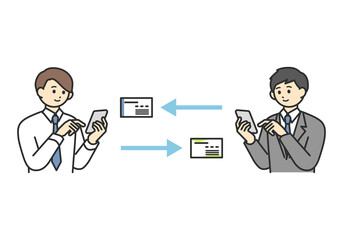 スマートフォンで名刺交換をする男性社員のイメージイラスト素材
