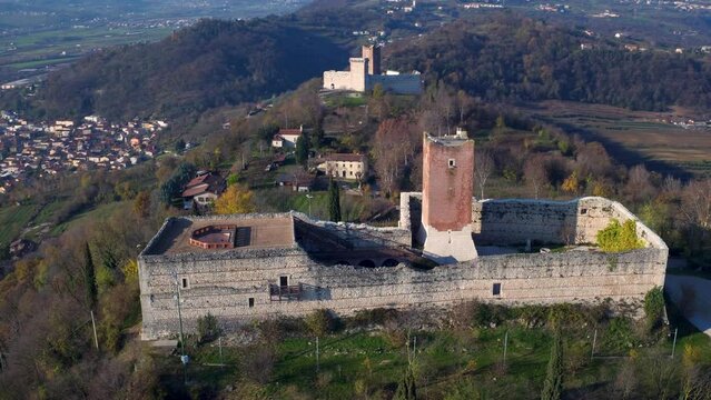 Romeo and Juliet castles - Montecchio Maggiore, Vicenza, Veneto, Italy - Drone 