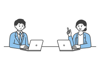 ディスカッションをする男性社員と女性社員のイラスト素材
