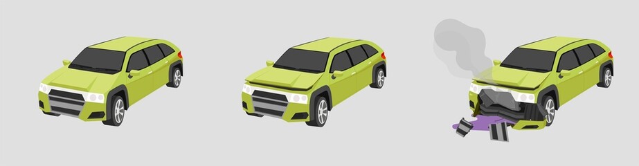Cartoon vector or illustration isomatic. Status of the soft green mini SUV car from normal car to the car was slightly damaged. until the car was severely damaged Damage the entire front with leak.