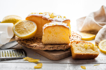 Several slices of lemon cake, lemon sponge cake, homemade, with sugar, flour, honey, yeast and...