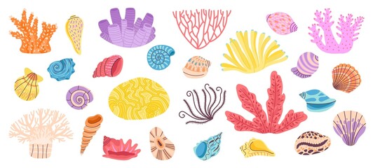Corals. Sea coral, weeds and seashell. Ocean reef doodle elements. Shells decoration, underwater or aquarium objects. Marine decent vector objects