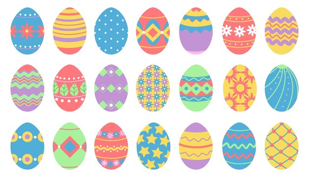 Isolated easter eggs. Dotted egg, different spring festive elements. Isolated colored holiday decorations. Floral and geometric decorative decent vector icons