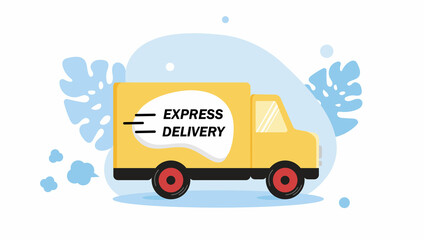 Delivery van on abstraction liquid backdrop. Express delivering services commercial truck. Concept of fast and free delivery by car. Element for banner, advertising. Cartoon flat vector illustration