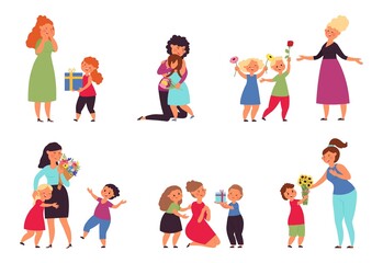 Present gift for mother. Flowers and hugs with mom, happy family festive kids and parents. Motherhood, child and tulip bouquet. Children greetings decent vector set