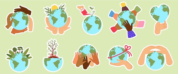Eco stickers. People hold earth, nature climate change and ecology problen on planet badges. Protect environment together, decent vector labels © MicroOne