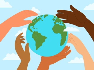 Peace day. International earth protection, hands of different people holding globe. Peaceful planet, hope and friendship. Environment save decent vector banner