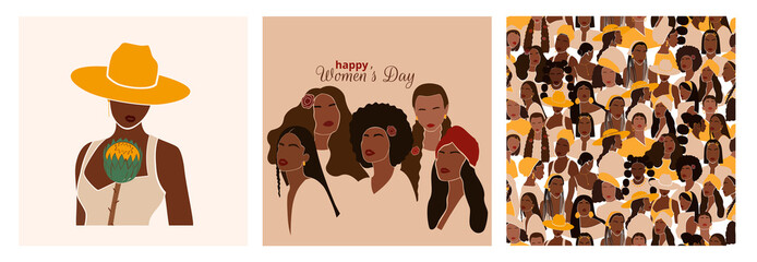 Abstract diverse women portraits in modern style. Happy International Women's Day set of posters. Equality, diversity and sisterhood concept. Feminism and girl power. Vector illustration