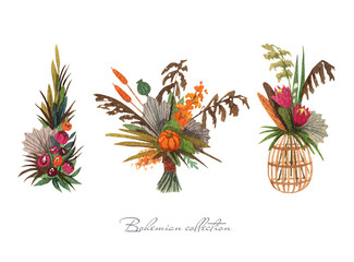 Watercolor boho bouquet. Dry autumn floral composition