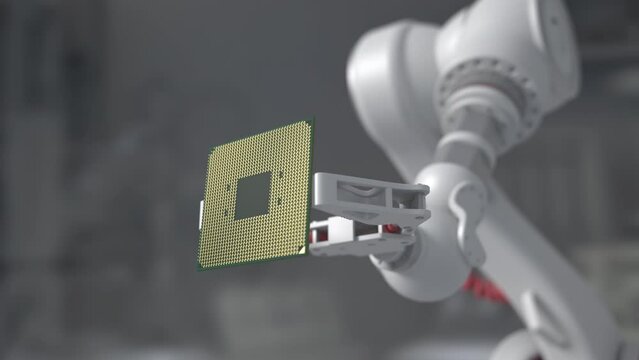 Modern High Tech Authentic Robot Arm Holding Contemporary Super Computer Processor. Industrial Robotic Manipulator End Effector Holding CPU Chip.