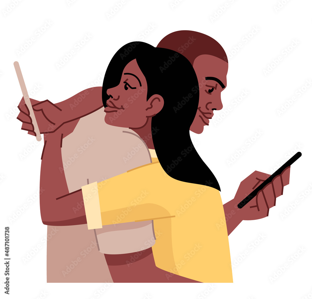 Sticker Couple with smartphone addiction semi flat RGB color vector illustration. Hugging figures. Search for pleasure. People with addictive personality isolated cartoon characters on white background