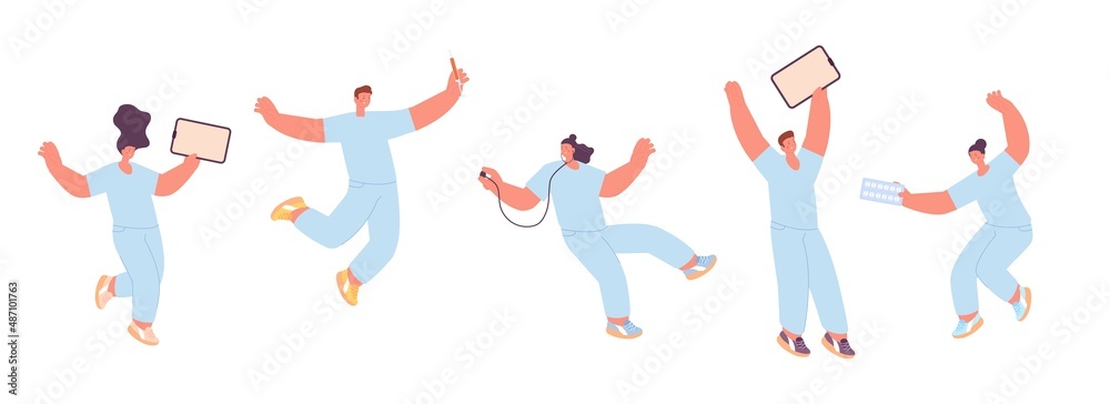 Wall mural Happy medical team flying with pills. Doctors and nurses, hospital workers in uniform. Flat cartoon medicine professionals, woman and man isolated vector set